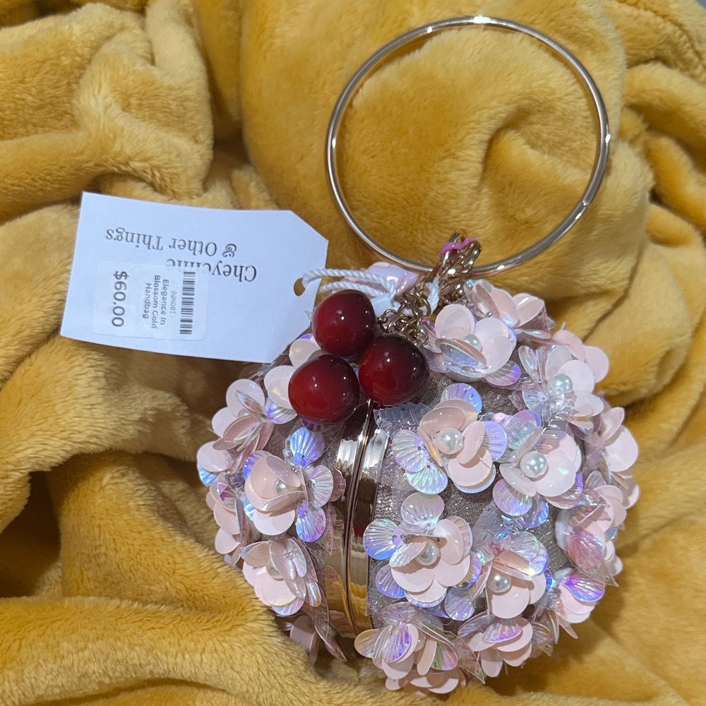 Pink Cherry Blossom Floral Clutch with Red Cherry Accent Bag Charm